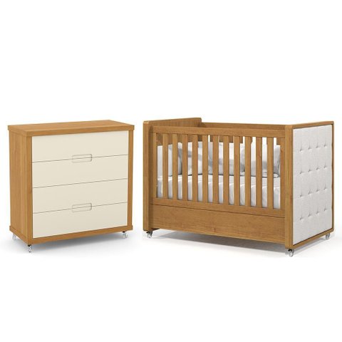 Jogo de Quarto Infantil Tutto New Cômoda 4 Gavetas e Berço Freijó/off White com Capitonê - Matic