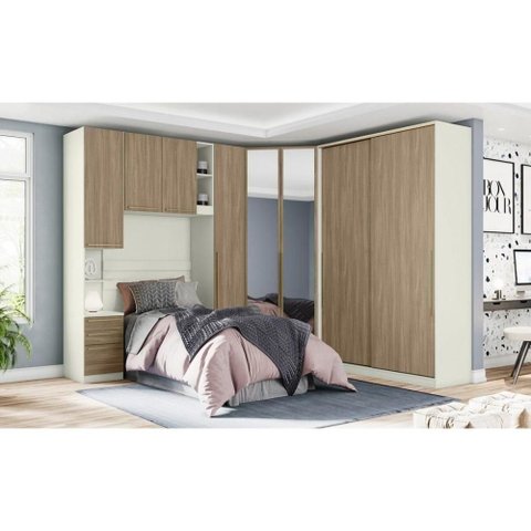 Quarto Modulado Solteiro (1 Ponte + 1 Closet + 2 g Roupas + 1 Componente) QMH03 Areia-Jequitibá