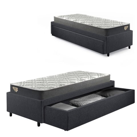 Base Box Cama Solteirão Sapateira Linho Cinza e Colchão Adapto Ecoflex 96x203