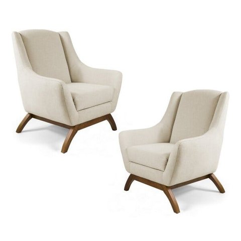 Kit 2 Poltronas Decorativas Juliet Base de Madeira C-107 Linho Bege - Domi