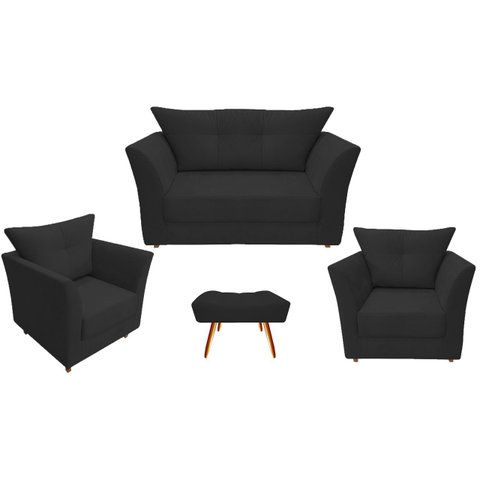 Kit Namoradeira + 2 Poltronas Decorativa Isis + 1 Puff Retangular Couro Preto Pés Madeira Ms Decor
