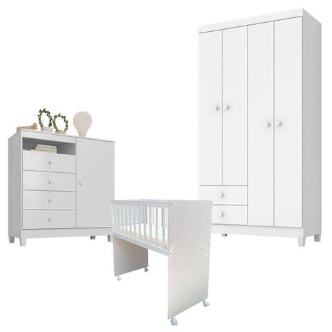 Quarto Bebê 4 Portas Ternura Baby e Mini Berço Moisés Alegria com Colchão Branco Flex -