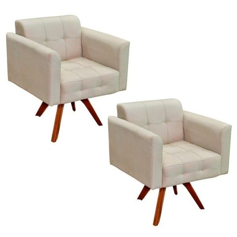 Kit 2 Poltronas Decorativas Sala de Estar Base Madeira Giratória Ana Suede Bege - Ibiza