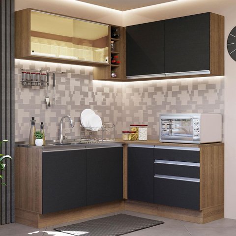 Armário de Cozinha Completa de Canto 329cm Rustic Preto Glamy Madesa 02