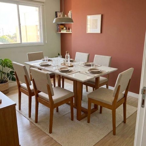 Conjunto Mesa de Jantar com 6 Cadeiras Estofadas e Tampo de Vidro 160x78x90cm Cerejeira/Palha