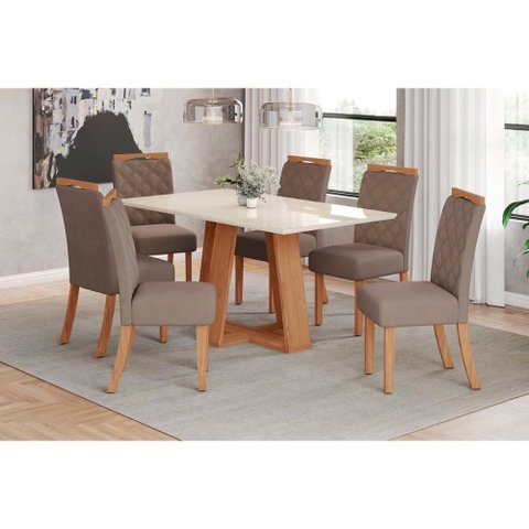 Conjunto: Mesa de Cozinha Lins C/ Tampo Madeirado C/ Vidro 160x90cm e 6 Cadeiras Bella Nature/suede