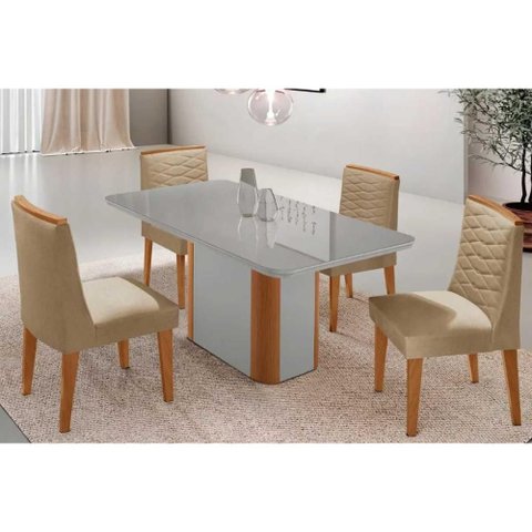 Sala Jantar Mesa Pietá Tampo c/ Vidro Curvo 120cm+4 Cadeiras Maldivas Naturale/Off White - Linho