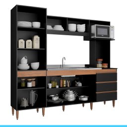 Kit Cozinha Americana Completa Vitória Balcão Bancada Ilha Adega 2 Banquetas Alta MDP Preto - MENU - 3 Kit Cozinha Americana Completa Vitória Balcão Bancada Ilha Adega 2 Banquetas Alta MDP Preto - MENU - 3