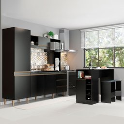 Kit Cozinha Americana Completa Vitória Balcão Bancada Ilha Adega 2 Banquetas Alta MDP Preto - MENU - 1 Kit Cozinha Americana Completa Vitória Balcão Bancada Ilha Adega 2 Banquetas Alta MDP Preto - MENU - 1