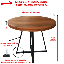 Mesa de Jantar redonda 100cm 4 Lugares  Madeira Maciça Estilo Industrial - 2