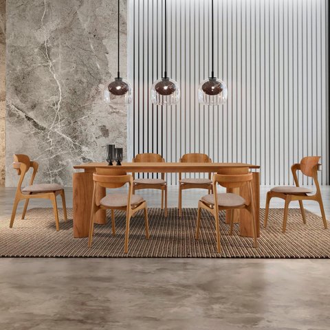 Mesa de Jantar Tokyo Tampo 180cm Madeira Laminado com 6 Cadeiras Celeste Gold Marrom/Brisa/Cinamomo