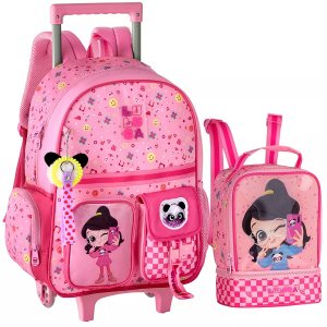 Kit Mochila Escolar de Rodinhas Luluca Estampada e Lancheira Clio Style Rosa
