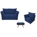 Ver imagem 1 de Kit Namoradeira + 1 Poltrona Decorativa Isis + 1 Puff Retangular Suede Azul Marinho Pés Madeira Mz D