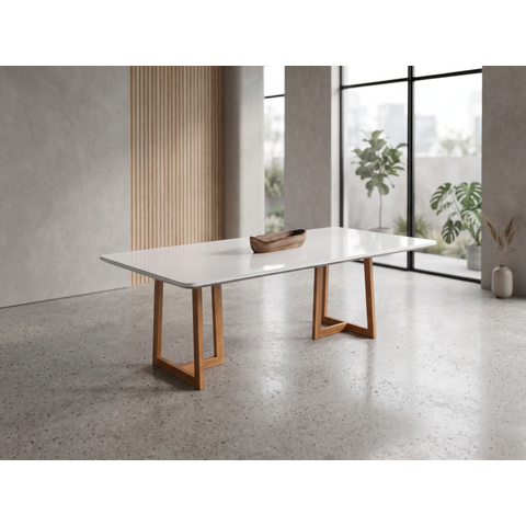Mesa Londrina 220cm c/Vidro para Sala de Jantar Cinamomo/Off White