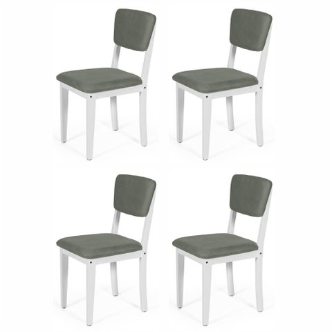Conjunto 4 Cadeiras de Jantar Estofada em Madeira Maciça Ella Branco/Cinza