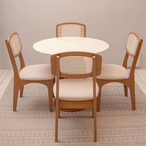 Mesa de Jantar Redonda Base Ripada C/ 4 Cadeiras 100% Mdf Cor:off White com Freijó e Bege Rústico