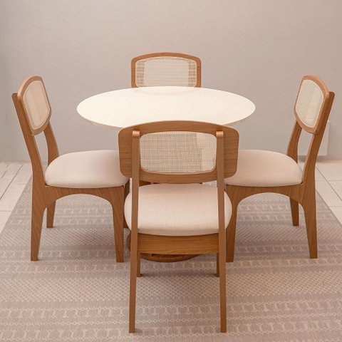 Mesa de Jantar Redonda Base Ripada c/ 4 Cadeiras 100% MDF Cor:Off White com Freijó e Bege Rústico