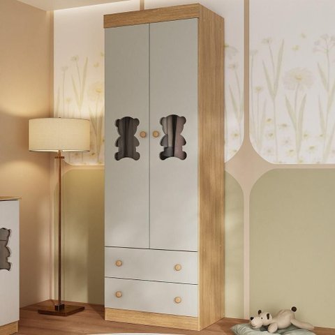 Guarda-roupa Infantil 62cm 2 Portas com Vidro e 2 Gavetas Teddy Multimóveis Mp4486 Madeirado/off