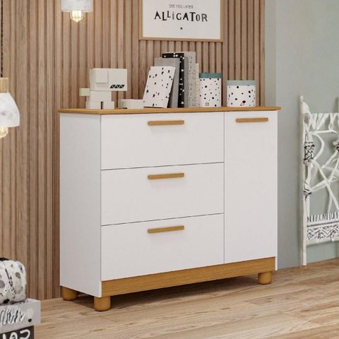 Cômoda Infantil 100% MDF com 1 Porta e 3 Gavetas 98cm Multimóveis Crper-CMO018 Branco/Madeirado