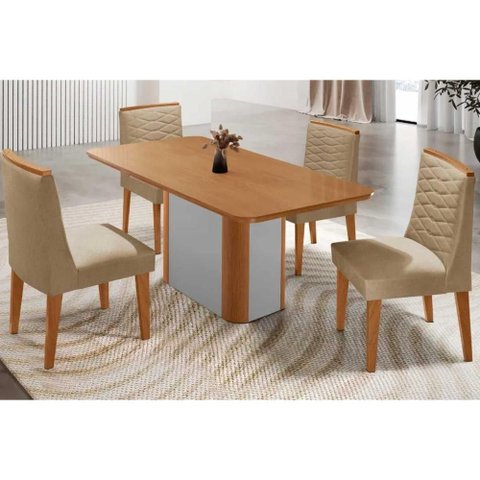 Conjunto: Mesa Sala Jantar Pietá C/ Tampo Madeirado Canto Curvo 120x80cm e 4 Cadeiras Maldivas