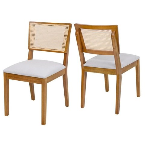 Cadeiras Madeira Maciça com Assento Estofado e Encosto em Rattan Natural – 2 Unidades