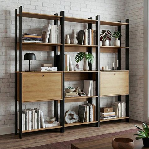 Estantes Escritório Home Office 189x178cm com 15 Prateleiras 2 Portas Mel/Preto