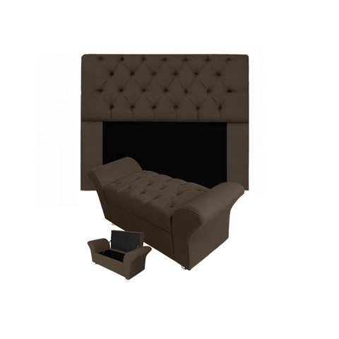 Jogo Cabeceira Mirage e Calçadeira Baú Veneza Solteiro 90 cm Suede Marrom