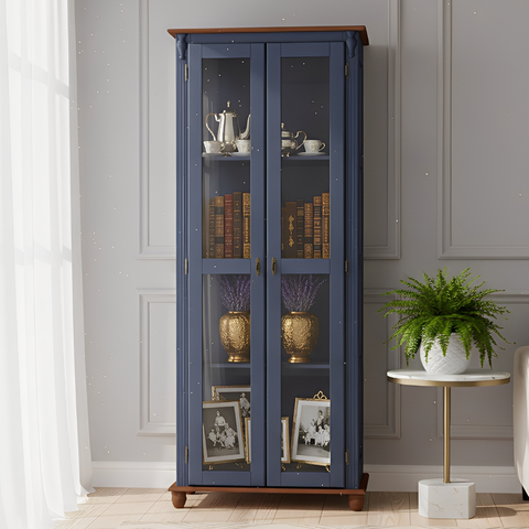 Cristaleira Rústica 2 Portas 3 Prateleiras e Pés Torneados - Azul Bic com Tampo e Base Imbuia Glazer