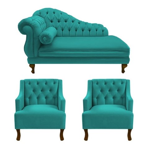 Recamier Larissa 150 cm e 2 Poltronas Genesis Suede Azul Turquesa