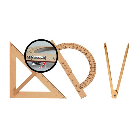 Kit Geométrico do Professor com 1 Transferidor em Mdf 180 Graus + 1 Compasso para Giz 40 Cm + 1 Esqu