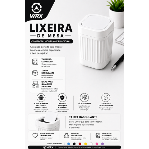 Lixeira de Mesa Compacta com Tampa Basculante:Branco