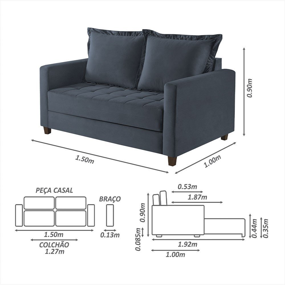 Sofa Cama Frisa Colchao Casal Pes de Madeira Talento Móveis - 6