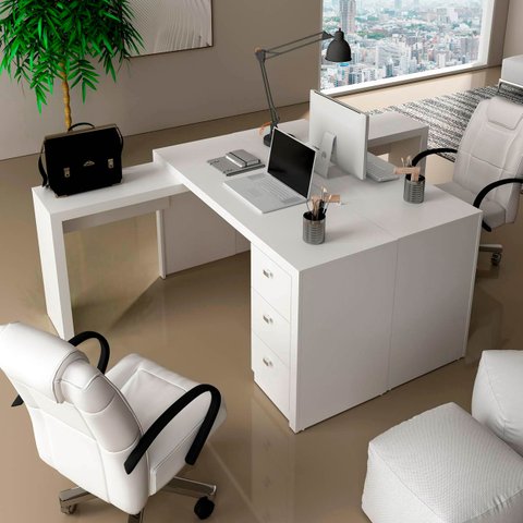 Conjunto Escritório Completo Com 2 Mesas em L e 6 Gavetas Cor: Branco