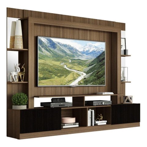 Estante Com Suporte Tv 65" Prateleiras C/ Espelho Oslo Multimóveis V3385 Madeirado/Preto
