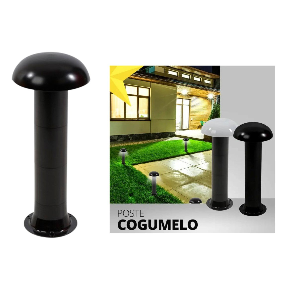 Poste Balizador Luminária Cogumelo Piso Jardim 45cm Preto