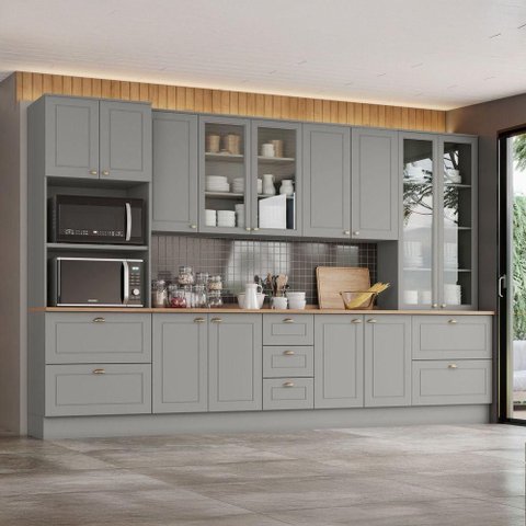 Cozinha Compacta Amy 17 Portas 11 Gavetas MDF 343cm Cinza com Natural Casa 812
