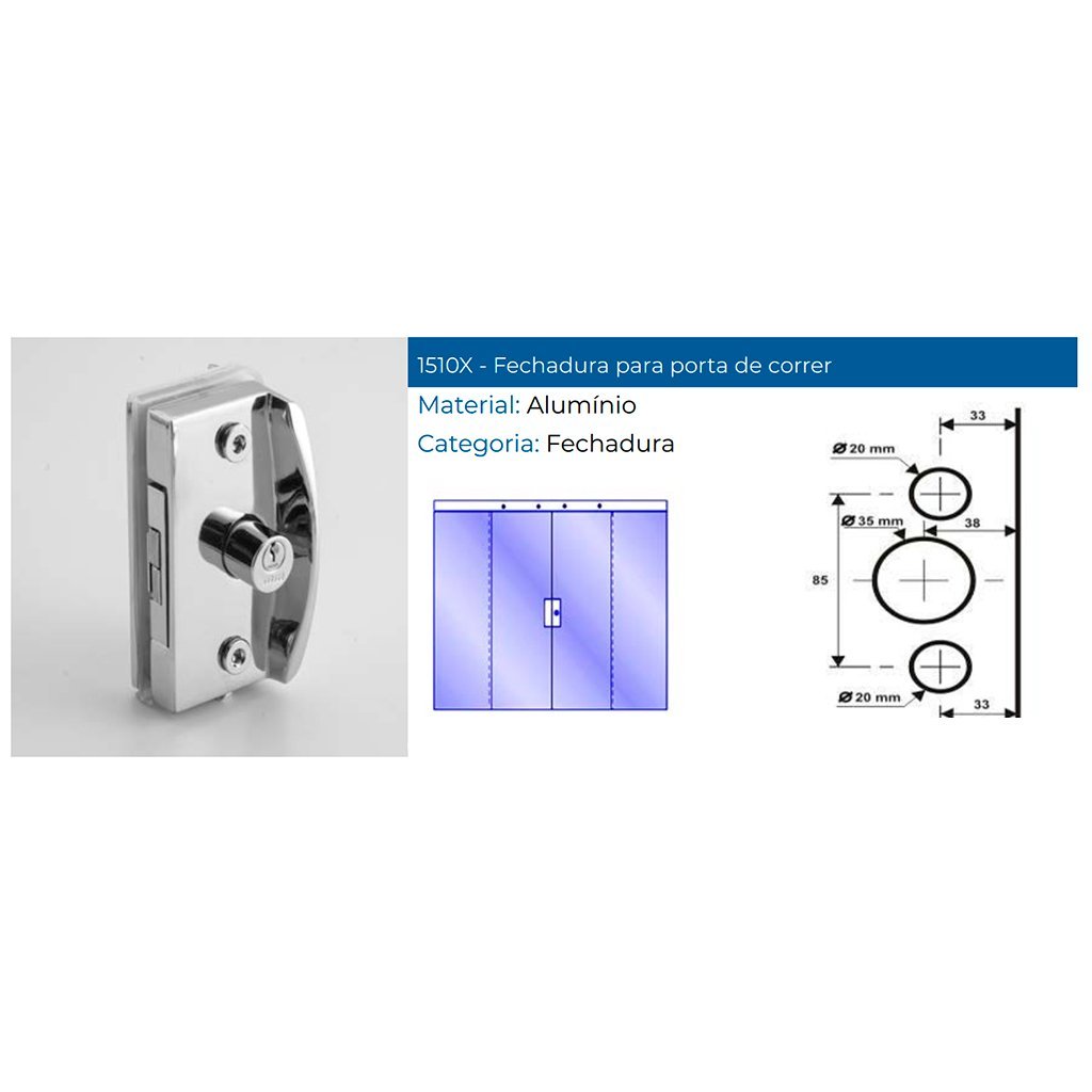 Kit Fechadura e Batente Alumínio Cromado para Porta de Correr de 4 Folhas Vidro/vidro Blindex Rf: 15 - 4