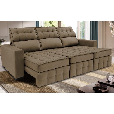 Sofá Retrátil e Reclinável 2.50m Molas Ensacadas e Costura Tripla Cama inBox Nobre Suede Castor