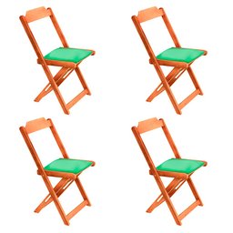 Conjunto de Mesa Dobravel de Madeira 70x70 com 4 Cadeiras Natural Estofado Verde - 2 Conjunto de Mesa Dobravel de Madeira 70x70 com 4 Cadeiras Natural Estofado Verde - 2
