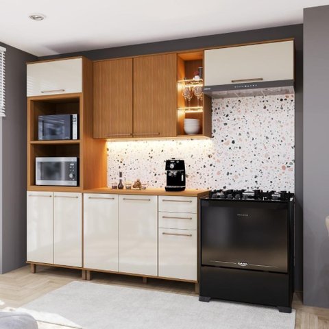 Cozinha Compacta Modulada Berlim 9 Portas 2 Gavetas MDF-MDP Freijó-Off-White Fidelita Móveis