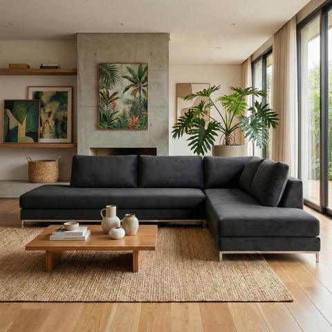 Sofá de Canto 5 Lugares com Chaise Lado Direito em Veludo Preto 293x200cm