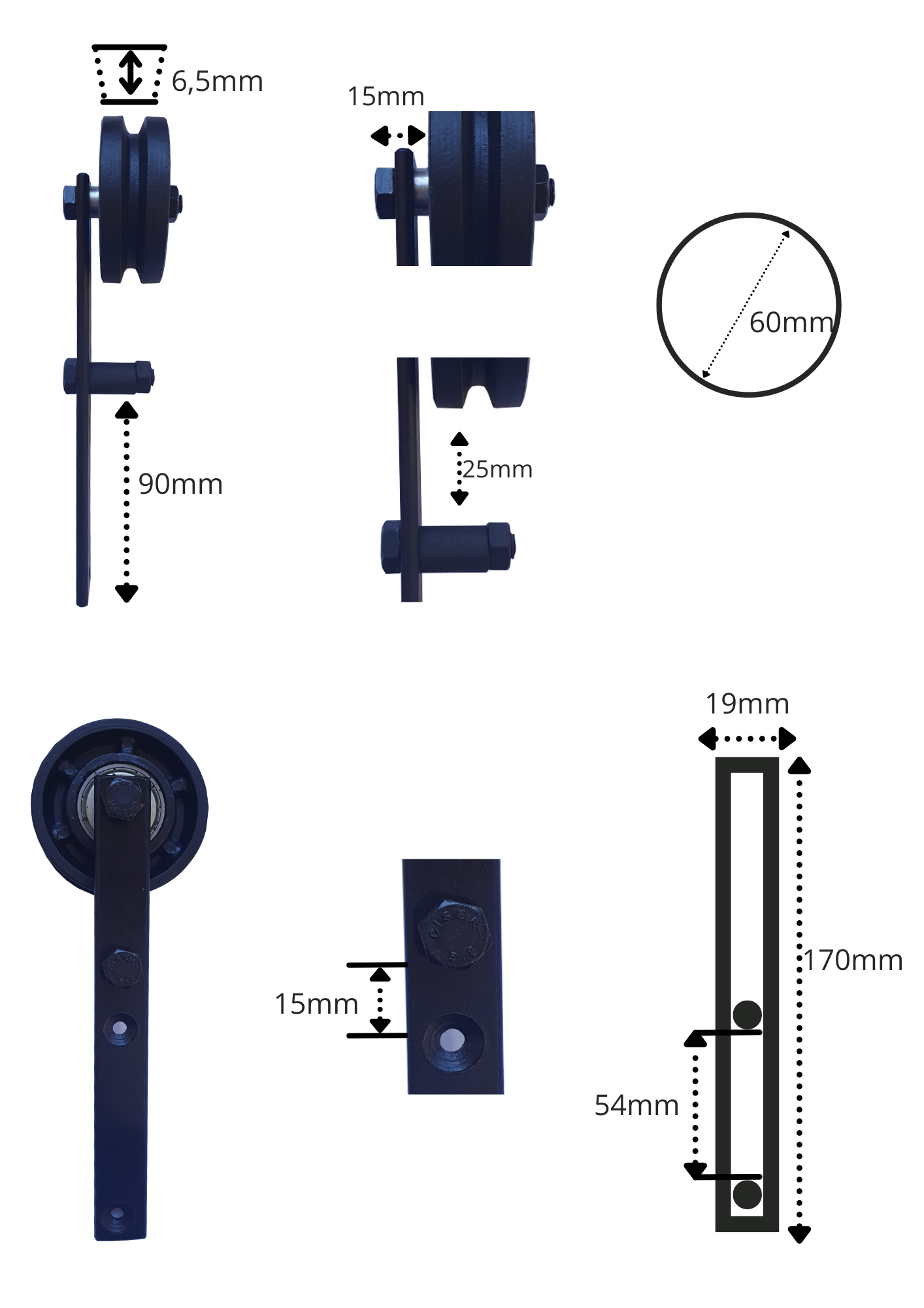 Kit P/ porta celeiro cantoneira até 85CM roldana aparente Trilho inteiro Preto-1,70MT - 4