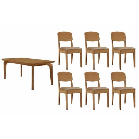 Sala de Jantar Completa Londrina C/ Tampo Madeirado Canto Curvo 180x90cm e 6 Cadeiras Havana
