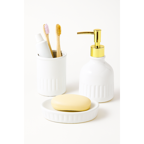 Kit Banheiro de Cerâmica 3 Peças Branco com Dourado - Nirvana Branco