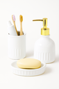 Ver imagem 1 de Kit Banheiro de Cerâmica 3 Peças Branco com Dourado - Nirvana Branco