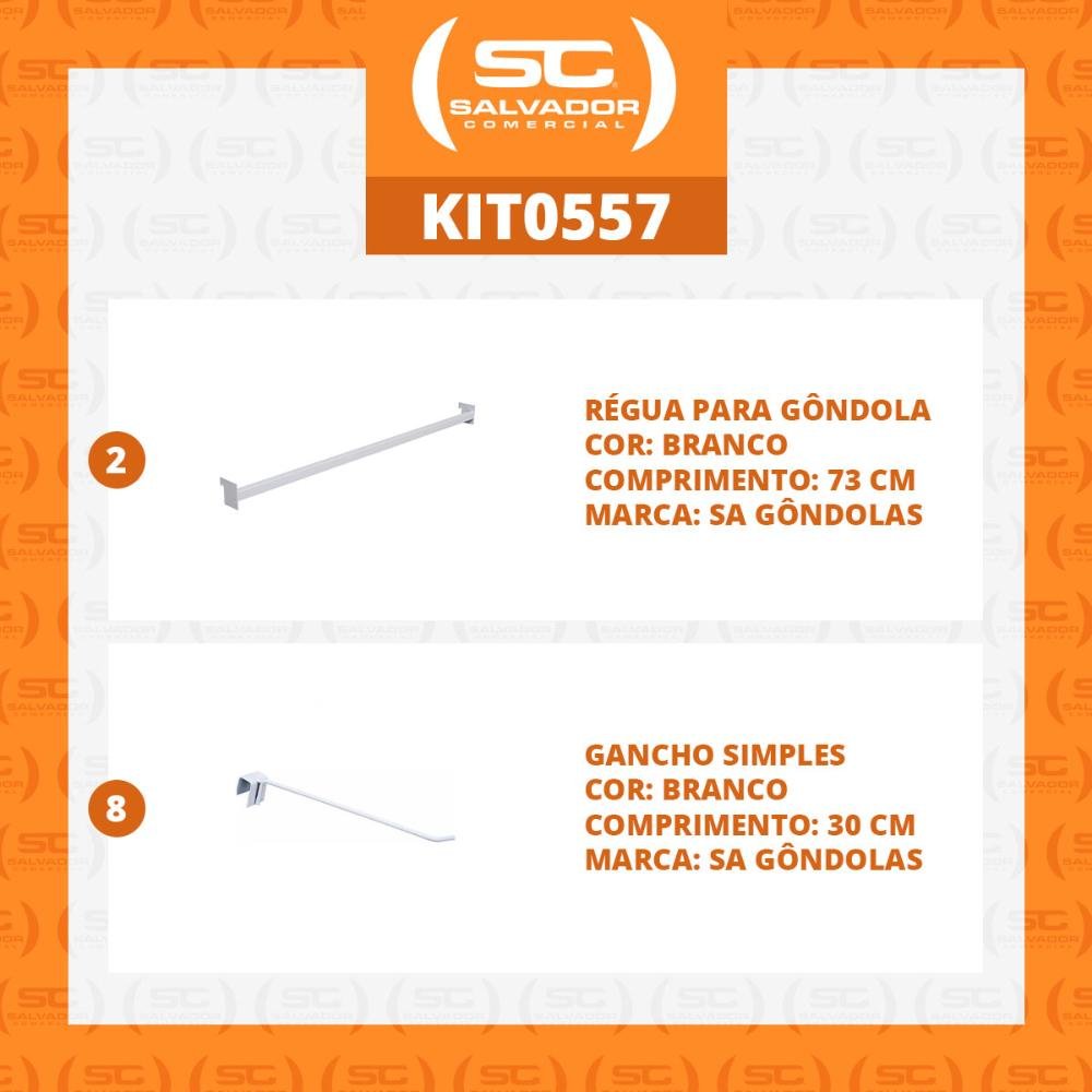 KIT - 2 Réguas para Gôndola Ponta 73cm + 8 ganchos simples Branco - Sa Gondolas - 2