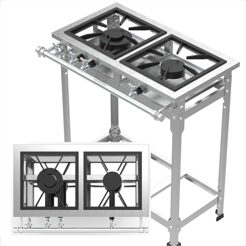 Fogão Industrial Inox 2 Duas Bocas de Baixa Pressão Grelha 30x30 Queimadores Simples e Duplo em Ferr - 1