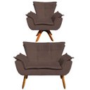 Ver imagem 1 de Kit Namoradeira 2 Lugares e 1 Poltrona Decorativa Giratória Madeira Opla Suede Marrom - Ibiza