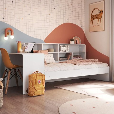 Cama Solteiro com Escrivaninha e Estante Infantil Juvenil Cor:Branco