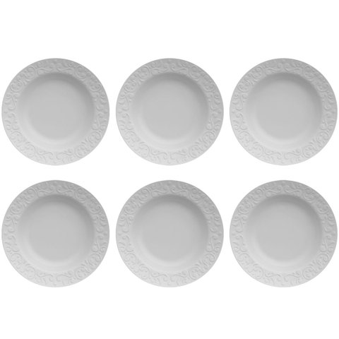 Jogo 6 Pratos Fundos Redondos 23,5cm em Porcelana com Relevo Tassel Germer Branco